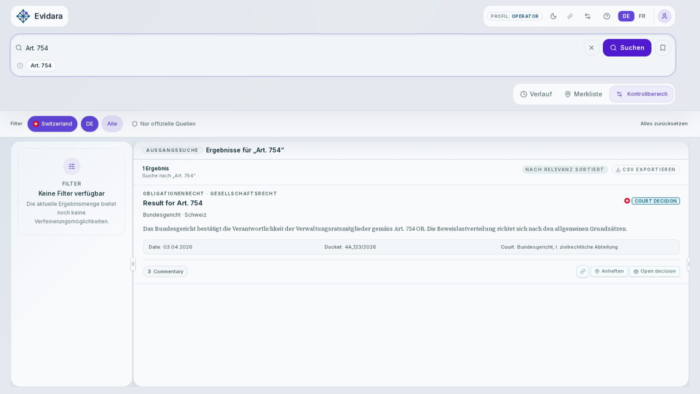 The Evidara search interface: a result list of legal documents, each showing its issuing authority, jurisdiction and date, with a faceted filter panel on the left.
